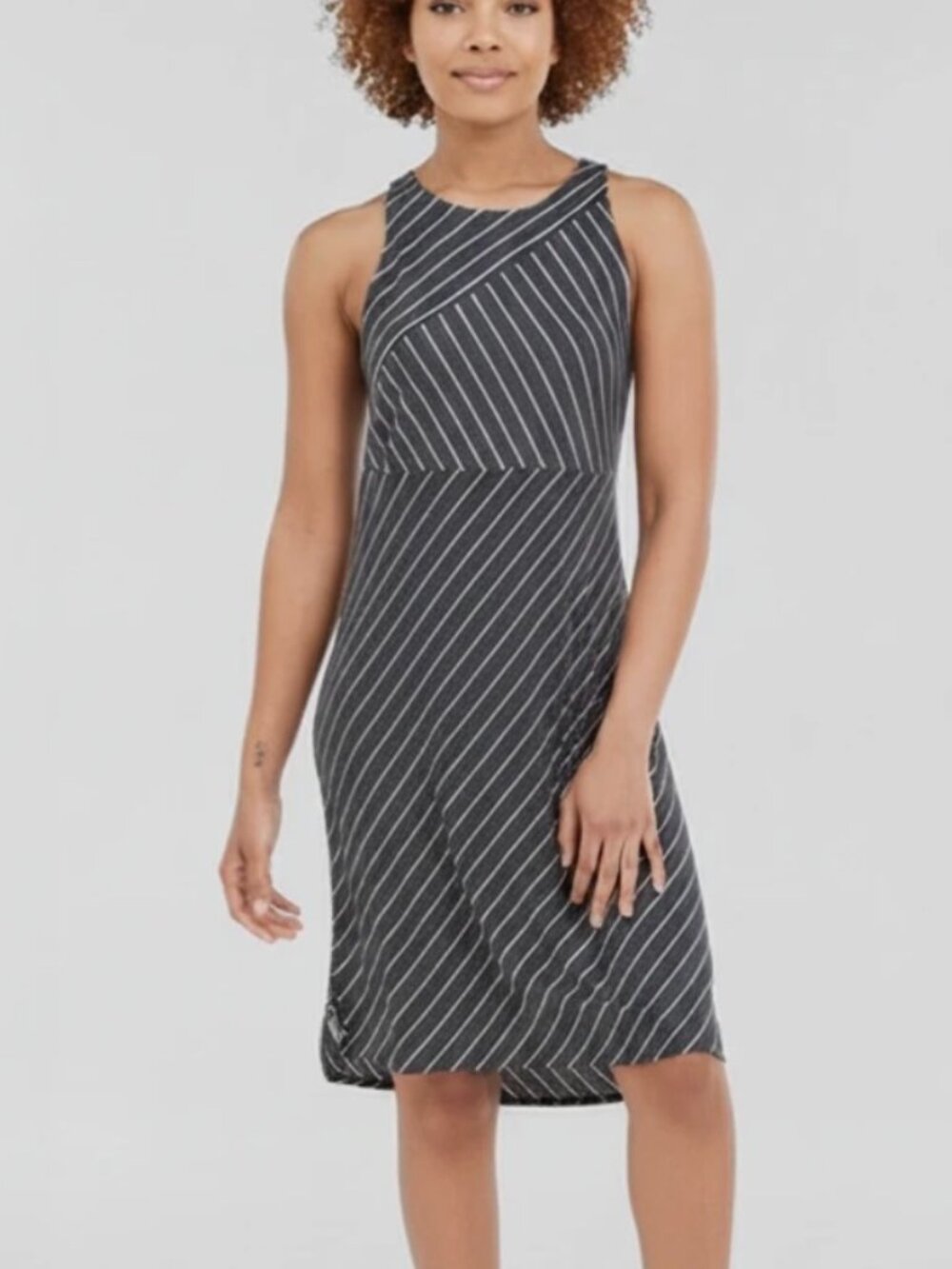 Athleta Black White Pinstripe Modal Midi Dress Size S Sleeveless Chevron Stripe